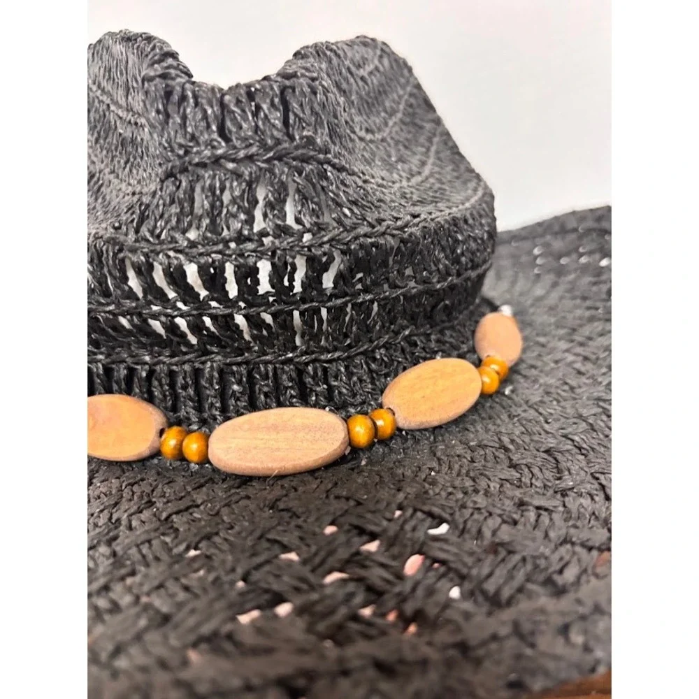Goldcoast Sunwear Black Woven Cowboy Hat Wood Bead Band Boho Western One Size